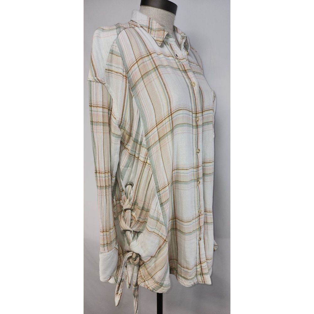 Free People Women's Cream Plaid Button-Up Size S - Picture 6 of 7
